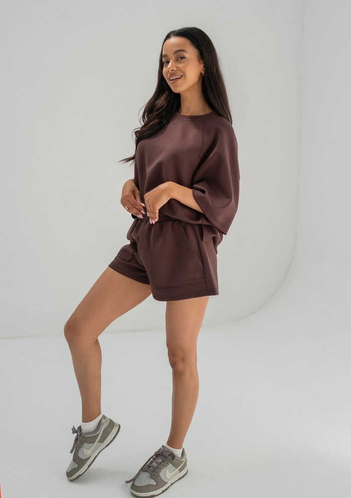 Jess - Szorty dzianinowe soft z kieszeniami Brown