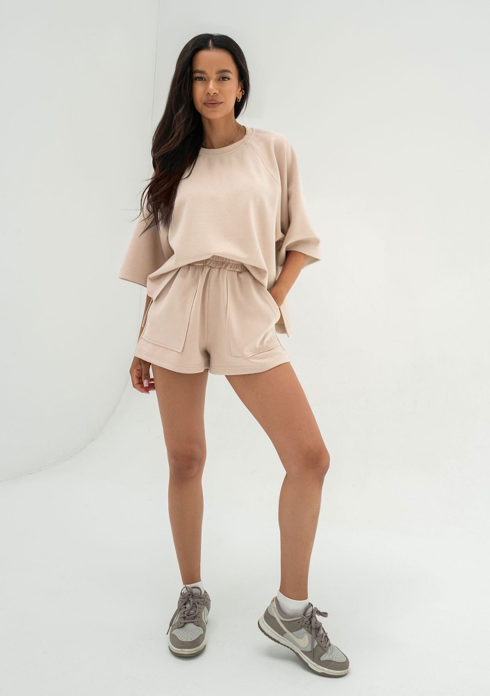 Jess - Bluza z dzianiny soft z krótkim rękawem beżowa