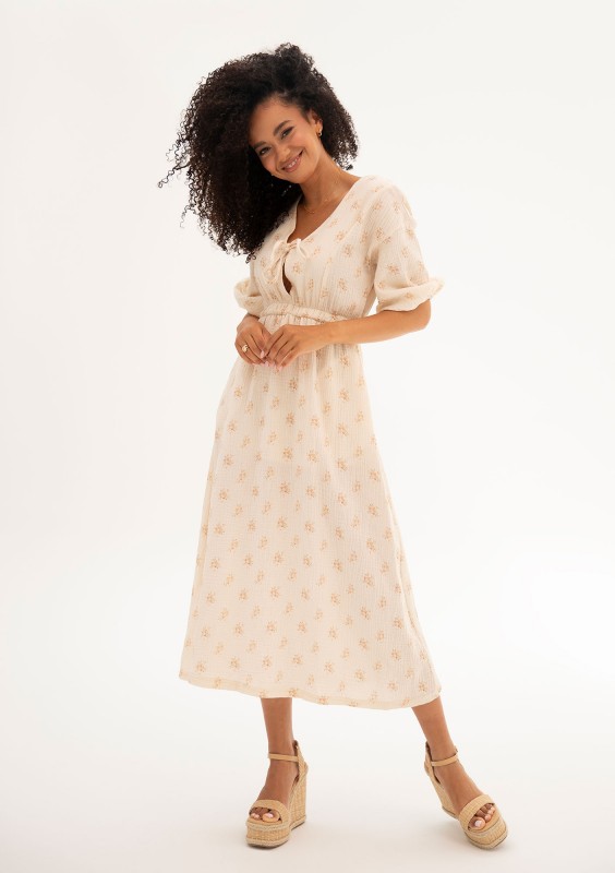 Liliane - Creamy floral muslin midi dress
