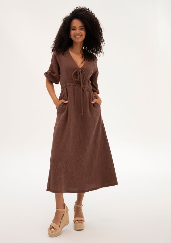 Liliane - Brown muslin midi dress
