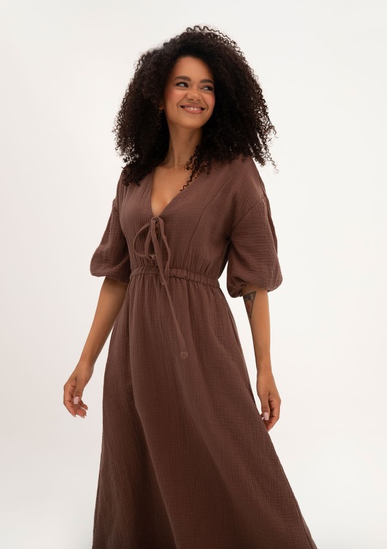 Liliane - Brown muslin midi dress