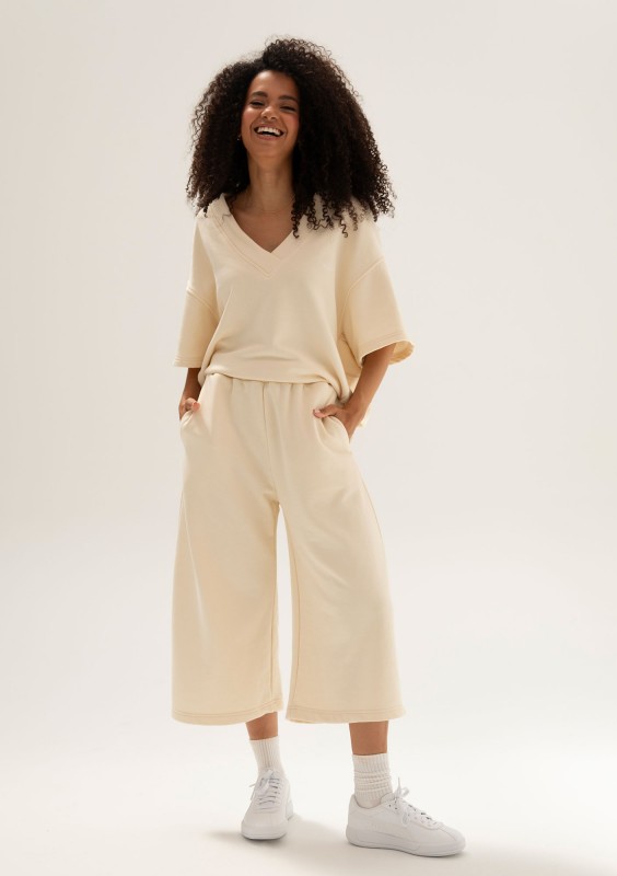Cozy Flow - Bawełniana bluza oversize boxy v-neck Butter Beige