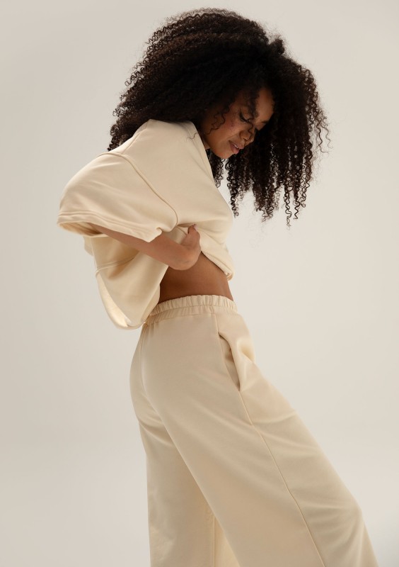 Cozy Flow - Bawełniana bluza oversize boxy v-neck Butter Beige