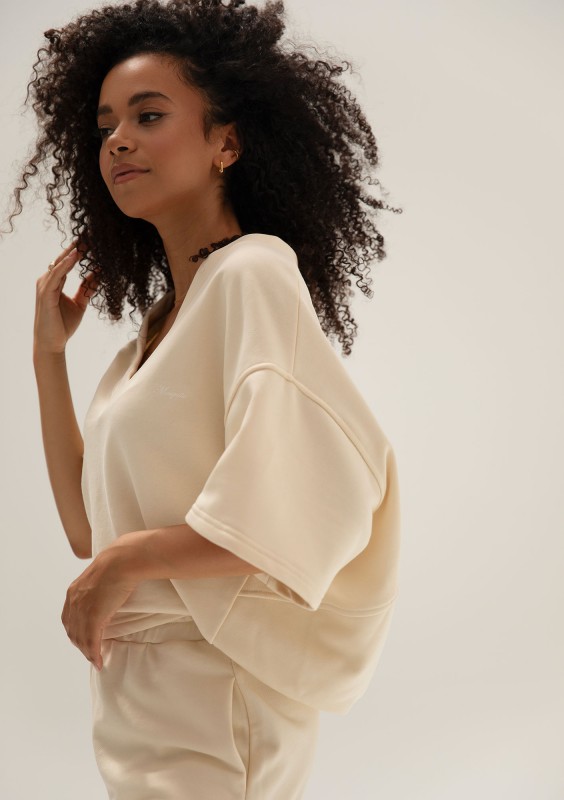 Cozy Flow - Bawełniana bluza oversize boxy v-neck Butter Beige