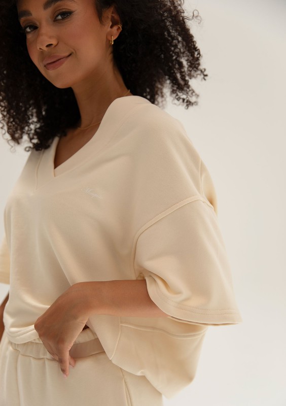 Cozy Flow - Bawełniana bluza oversize boxy v-neck Butter Beige