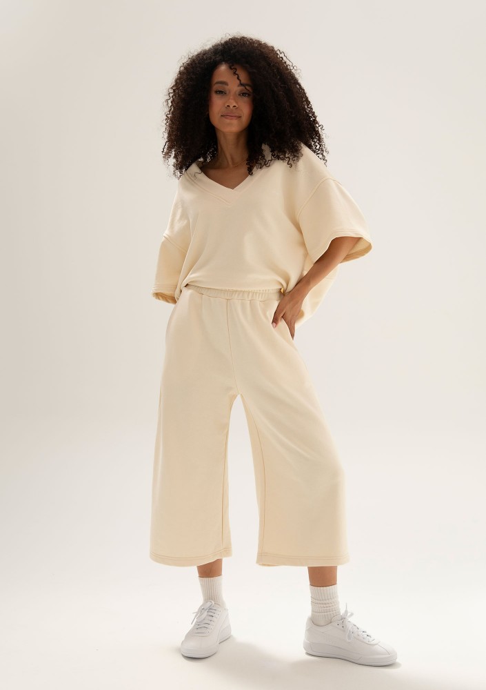 Cozy Flow - Spodnie bawełniane typu culotte Butter Beige