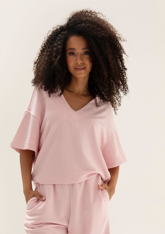 Cozy Flow - Bawełniana bluza oversize  boxy v-neck Light Pink