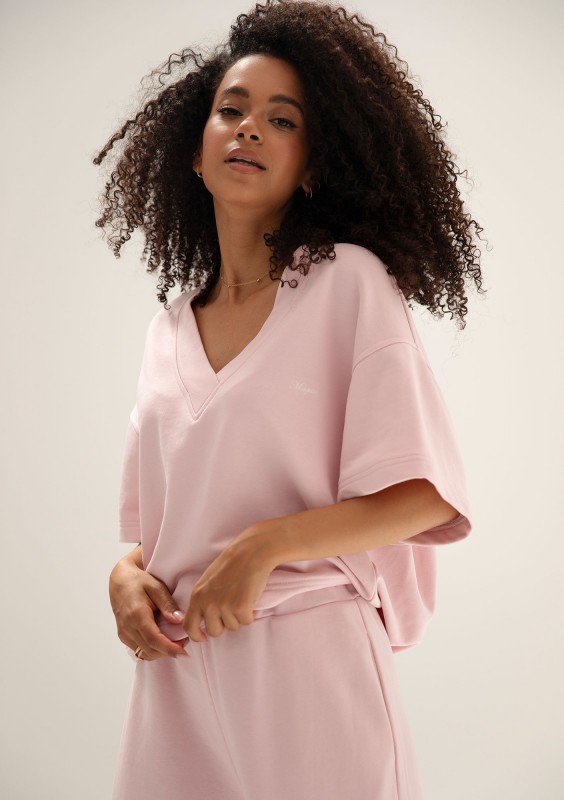 Cozy Flow - Bawełniana bluza oversize  boxy v-neck Light Pink