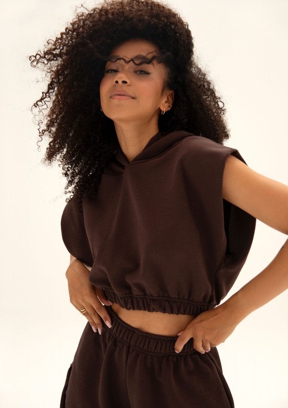 Sugar Fit - Bluza z kapturem bez rękawów w stylu boxy cropp Mocha Brown
