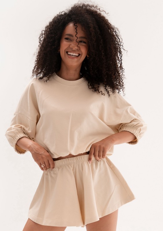 Softie - Rozkloszowane szorty z bawełnianej dzianiny Oat Beige