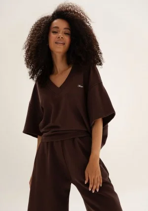 Cozy Flow - Brown oversized cotton v-neck sweatshirt