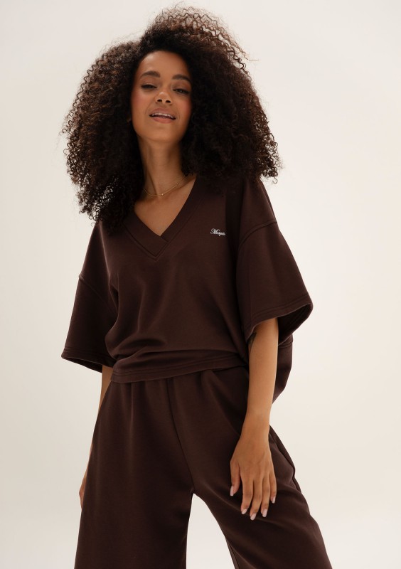 Cozy Flow - Bawełniana bluza oversize  boxy v-neck Mocha Brown