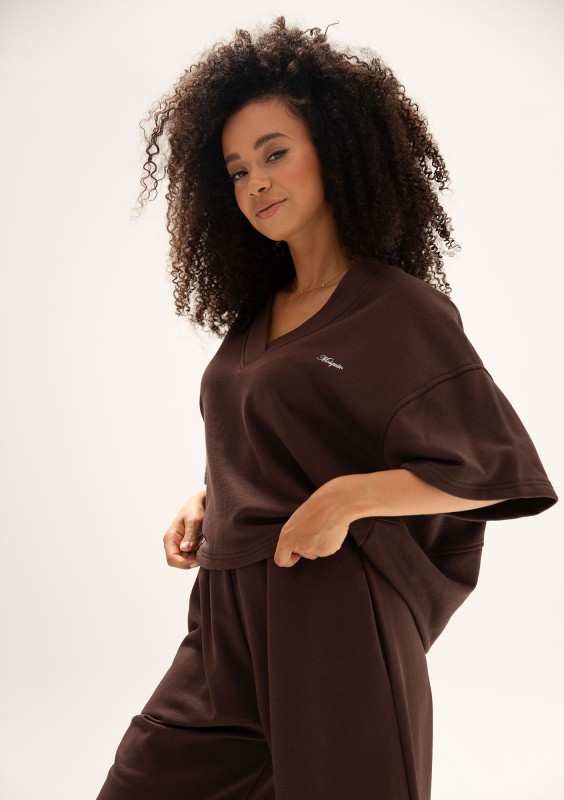 Cozy Flow - Bawełniana bluza oversize  boxy v-neck Mocha Brown