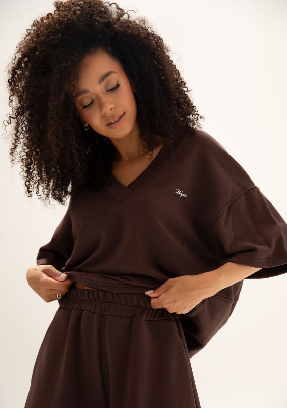 Cozy Flow - Brown oversized cotton v-neck sweatshirt