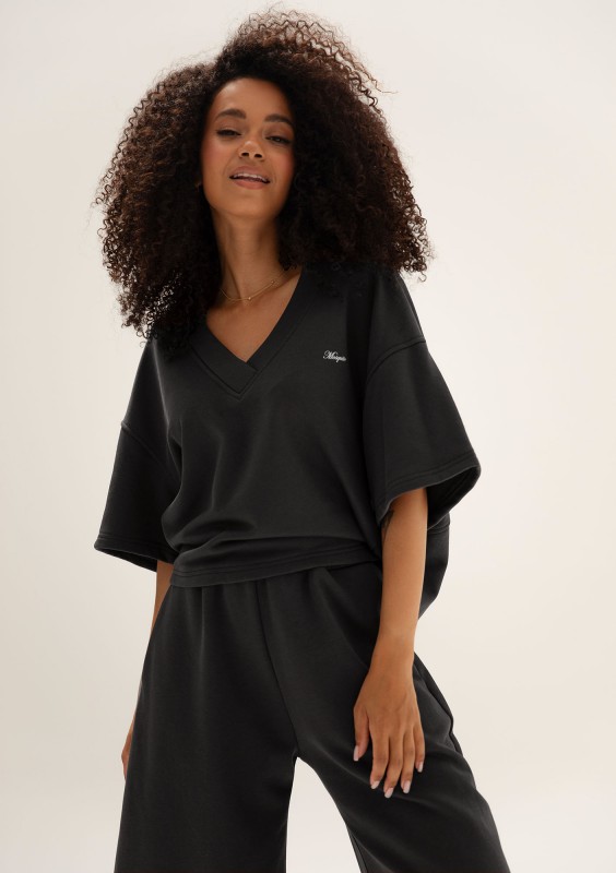 Cozy Flow - Bawełniana bluza oversize boxy v-neck Black