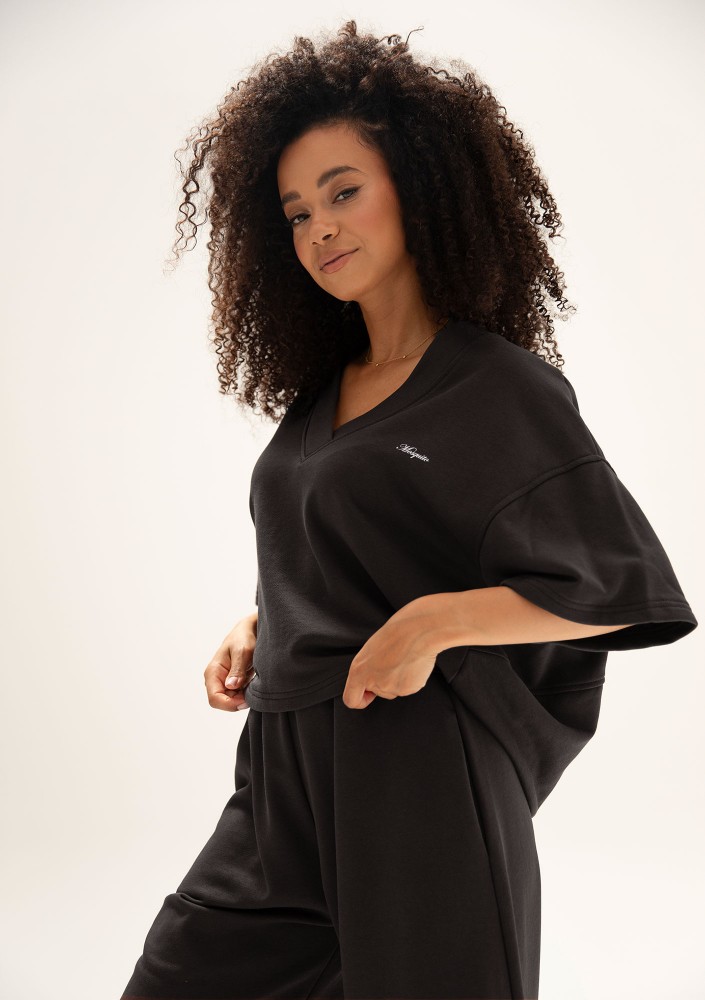 Cozy Flow - Bawełniana bluza oversize boxy v-neck Black