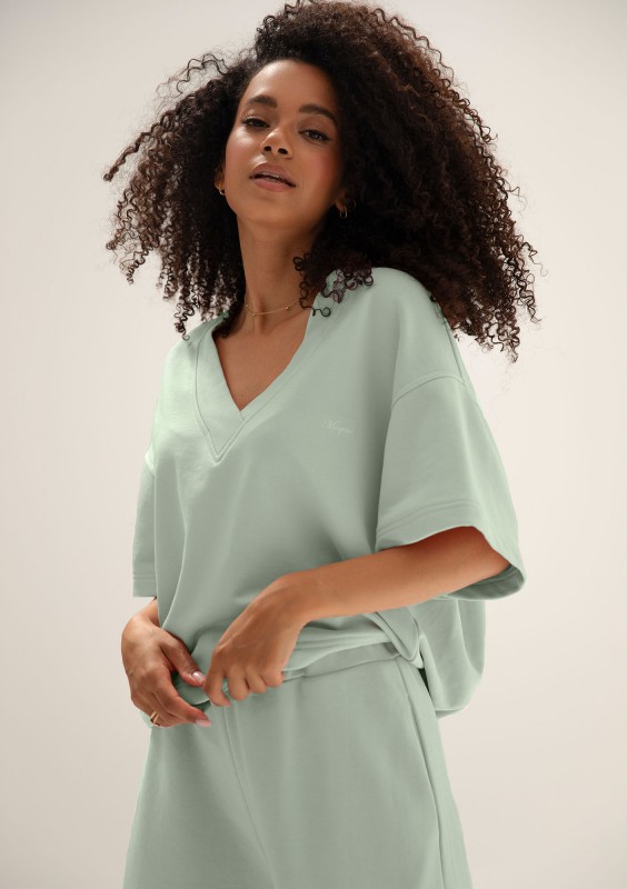 Cozy Flow - Bawełniana bluza oversize boxy v-neck Minty