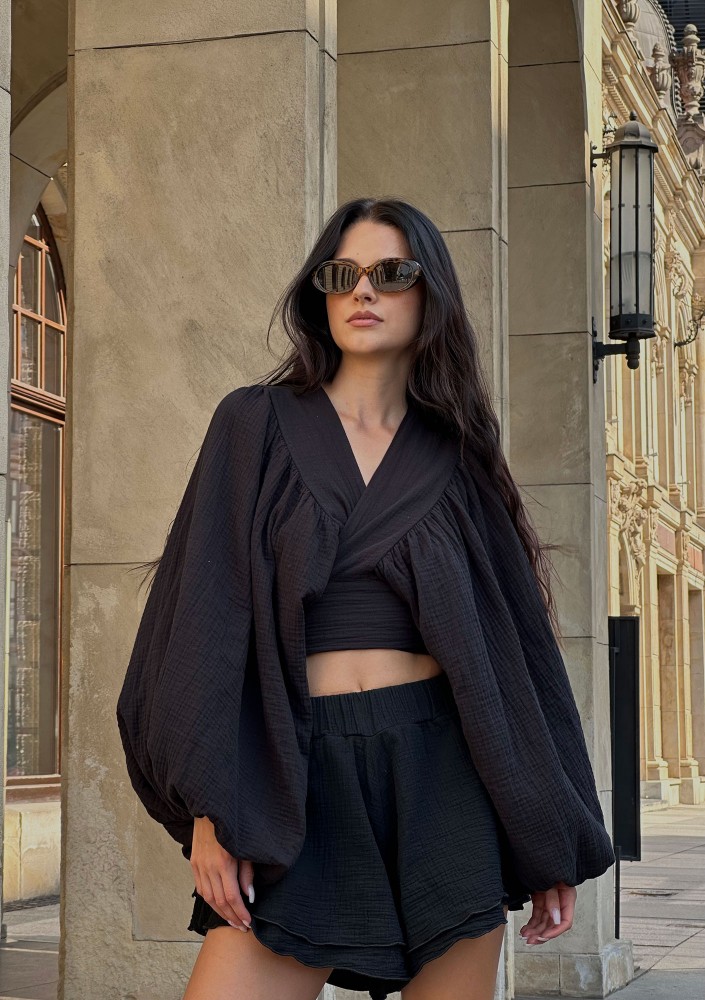Capri - Black muslin wrap shirt