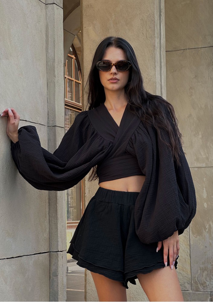 Capri - Black muslin wrap shirt