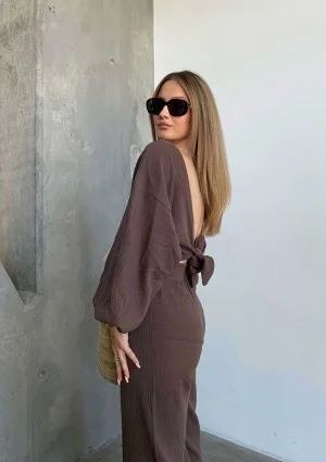 Alines - Muślinowy top wiązany z tyłu Brązowy