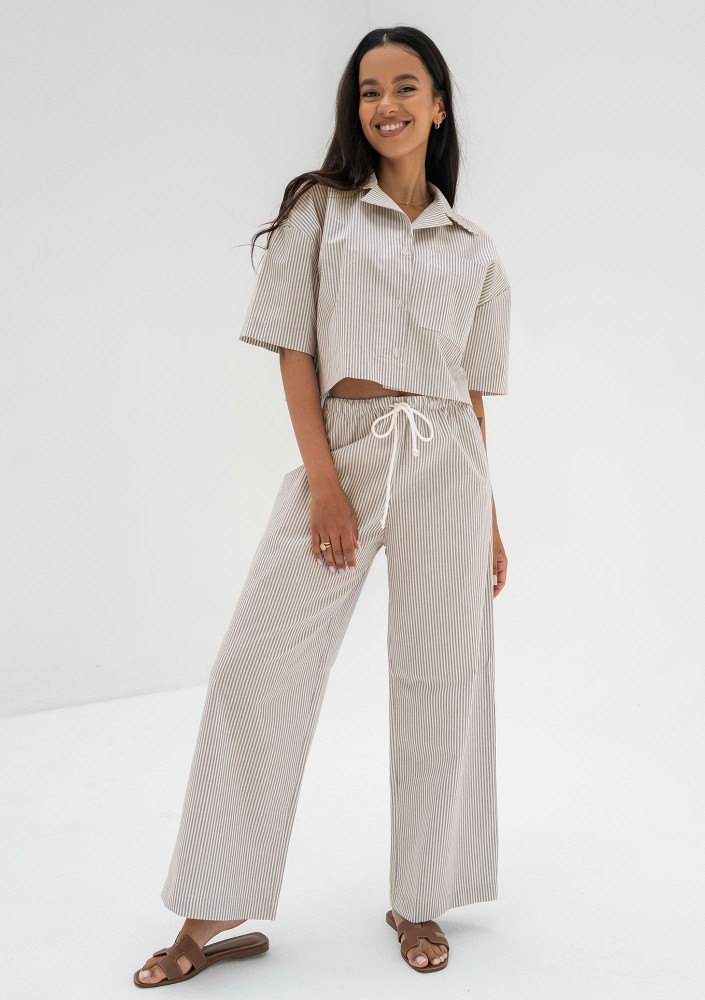 Mandy - Taupe striped cotton shirt