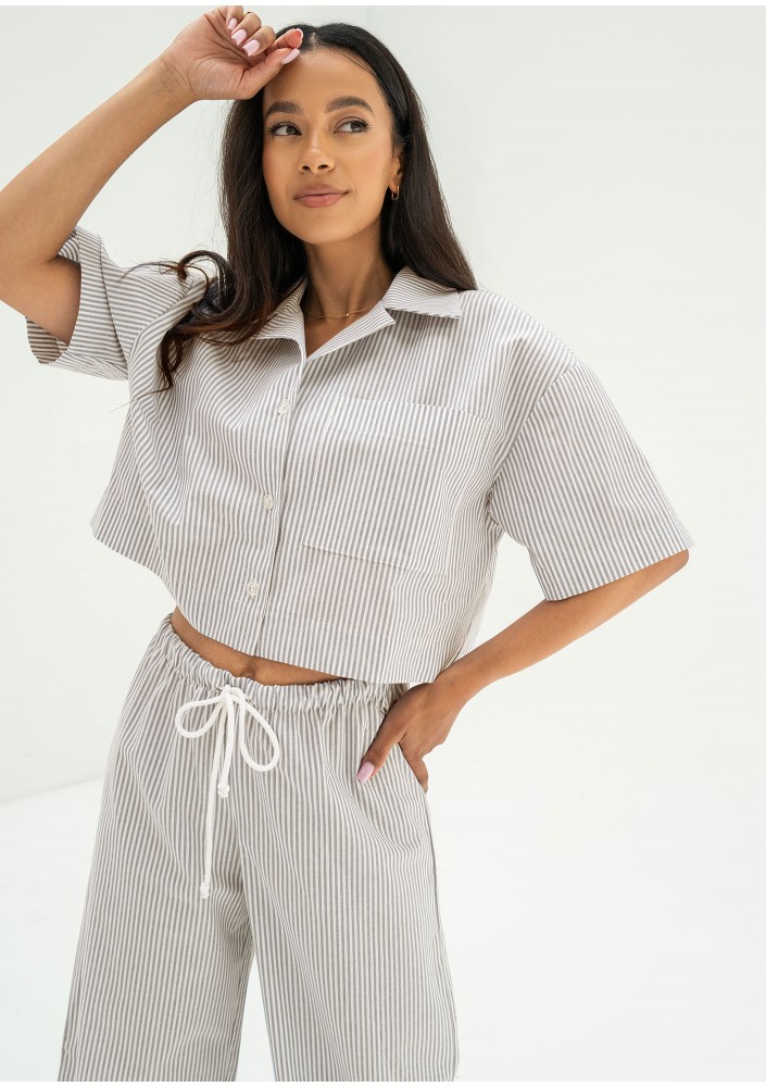 Mandy - Taupe striped cotton shirt