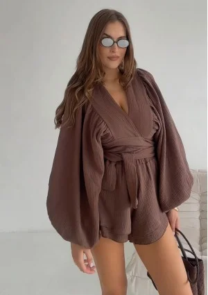 Capri - Brown muslin frilled shorts