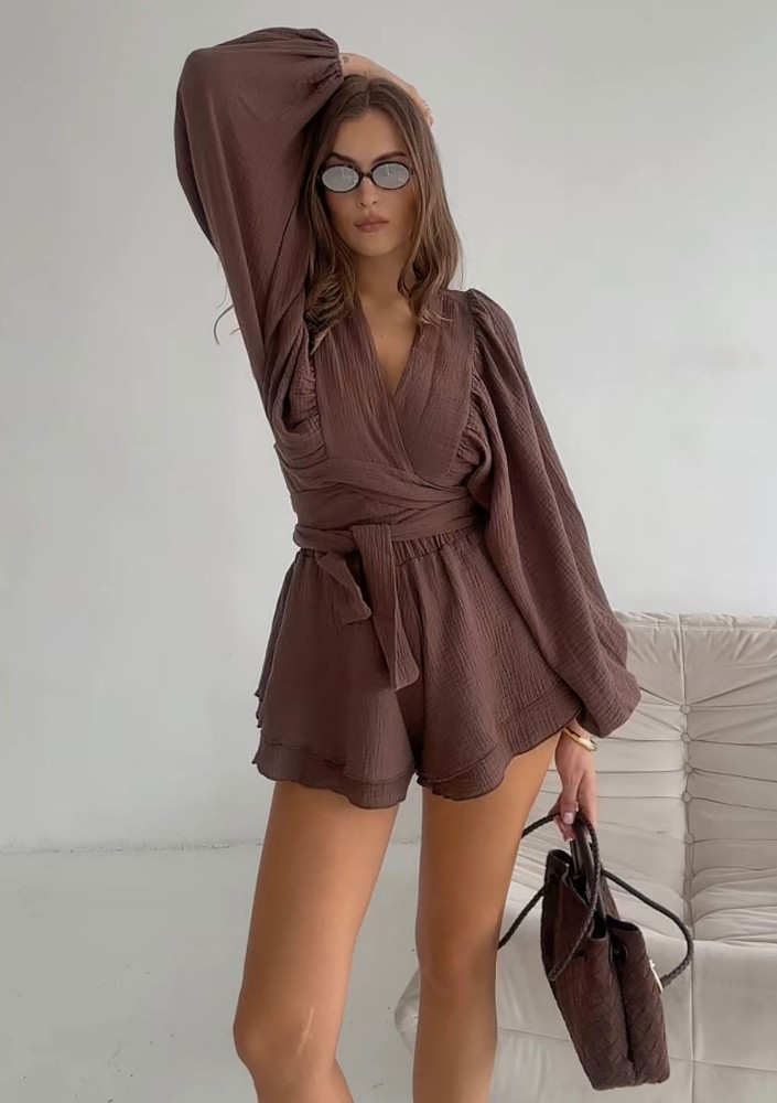 Capri - Chocolate brown muslin wrap shirt