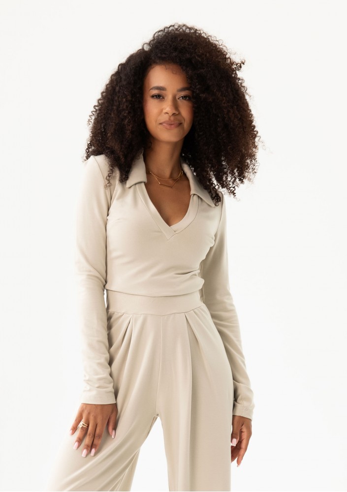 Loren - Top z kołnierzem i dekoltem ,,V'' Beżowy