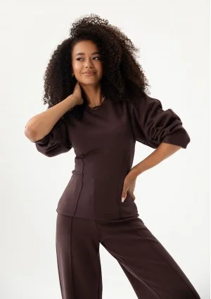 Soya - Bluza z modelującymi przeszyciami z dzianiny soft brązowa