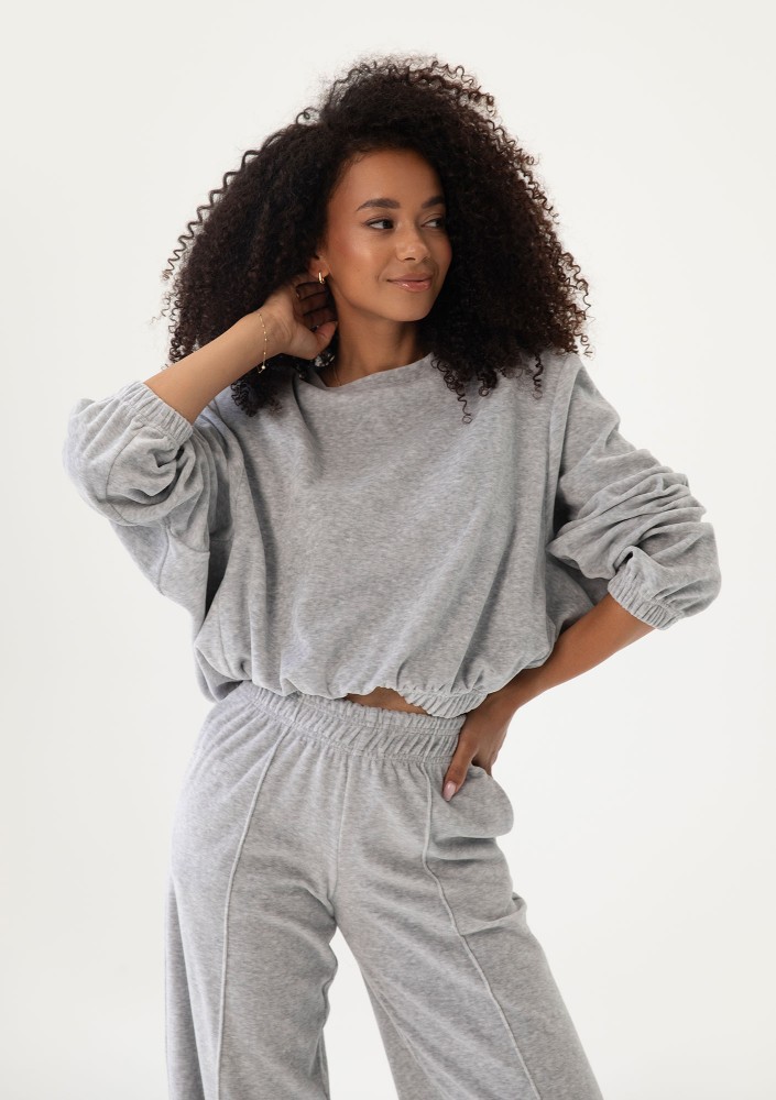 Vell - Bluza welurowa typu bombka Grey Melange