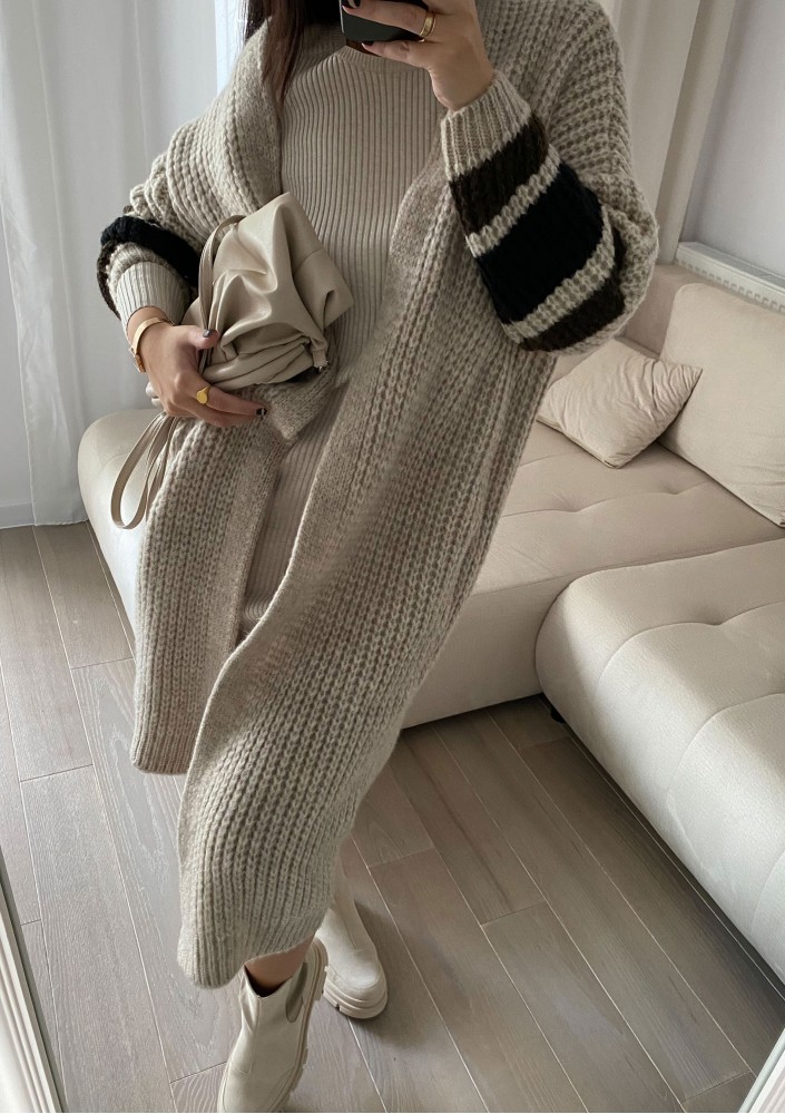 Vind - Długi kardigan Stripes Beżowy