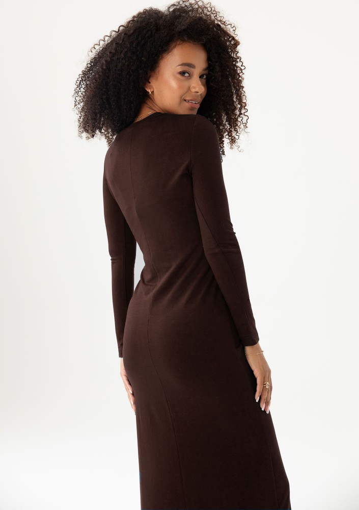 Solene - Brown fitted midi dress