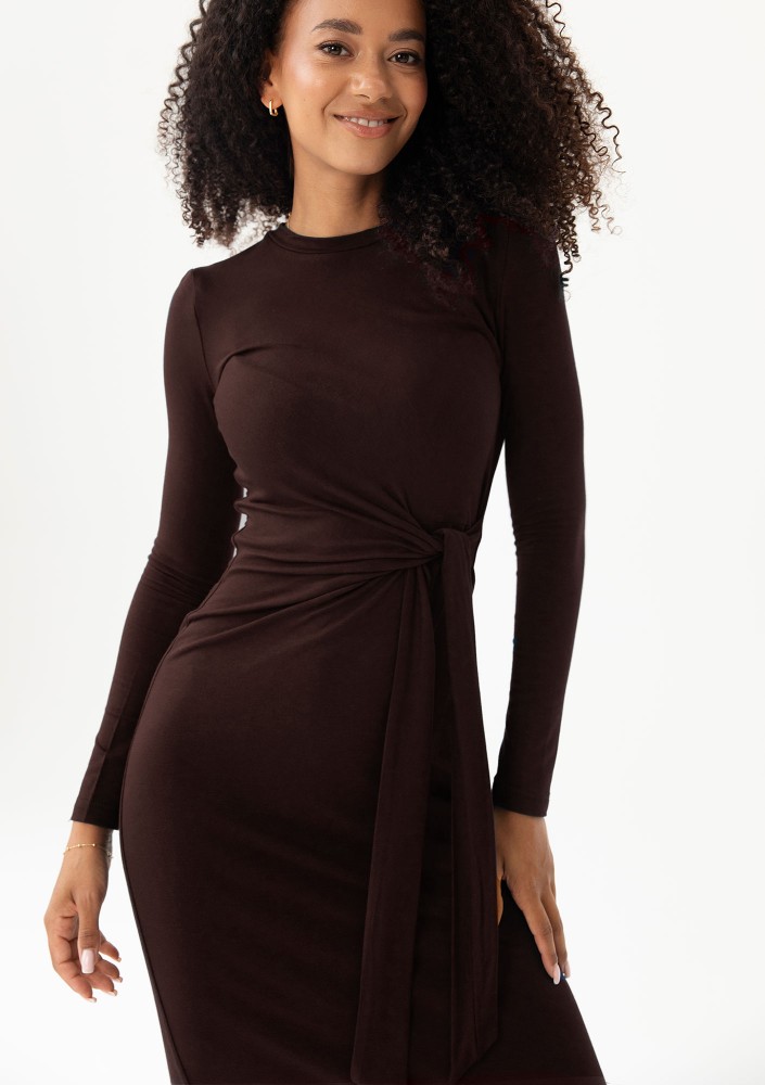 Solene - Brown fitted midi dress
