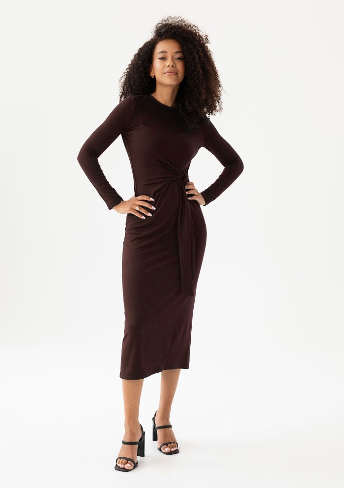 Solene - Brown fitted midi dress
