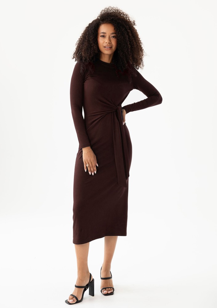 Solene - Brown fitted midi dress