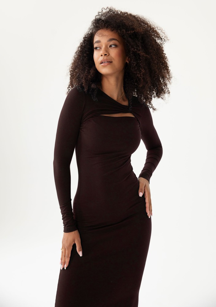 Keyline - Brown fitted midi dress with a cutout