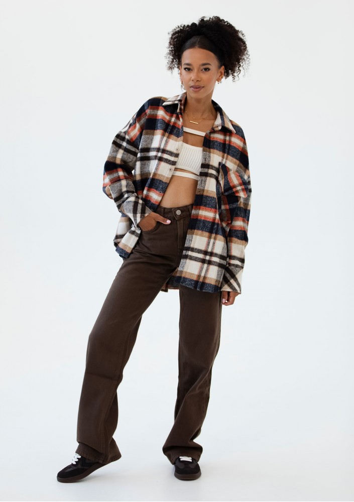 Shay - Koszula oversize z miękkiej flaneli w kratę Rust Navy