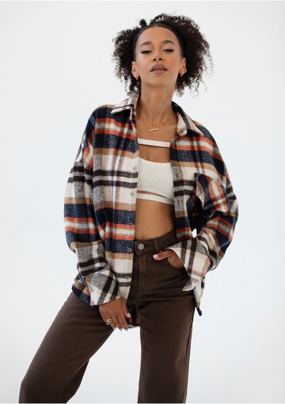 Shay - Koszula oversize z miękkiej flaneli w kratę Rust Navy
