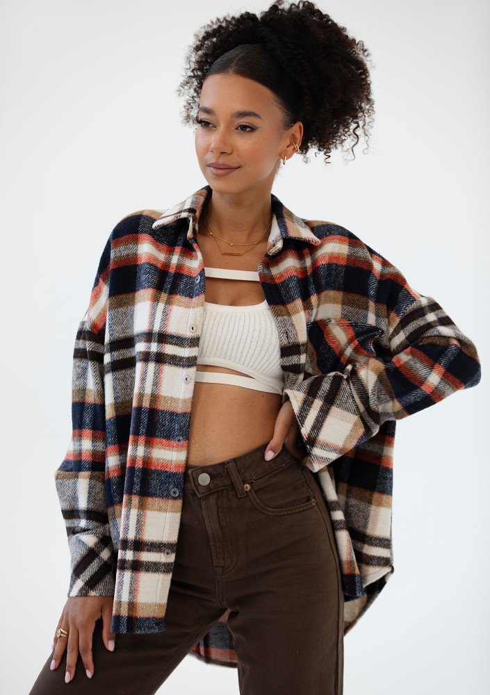 Shay - Koszula oversize z miękkiej flaneli w kratę Rust Navy