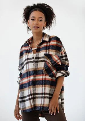 Shay - Koszula oversize z miękkiej flaneli w kratę Rust Navy