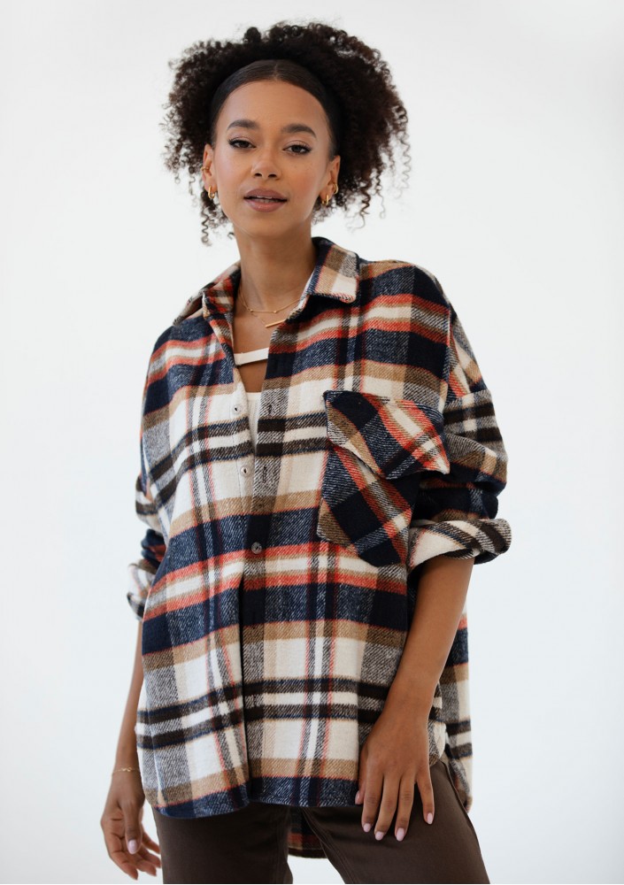 Shay - Koszula oversize z miękkiej flaneli w kratę Rust Navy