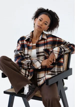 Shay - Koszula oversize z miękkiej flaneli w kratę Rust Navy