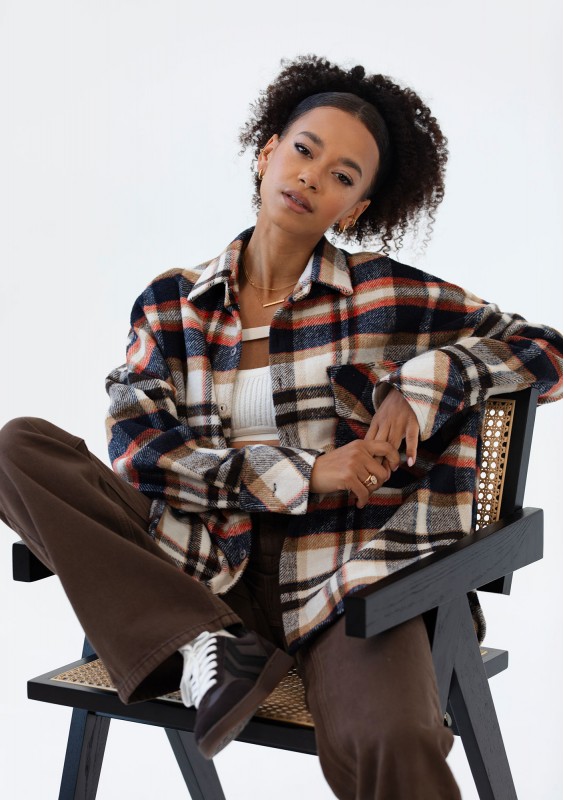 Shay - Koszula oversize z miękkiej flaneli w kratę Rust Navy