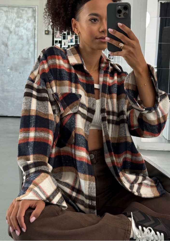 Shay - Koszula oversize z miękkiej flaneli w kratę Rust Navy