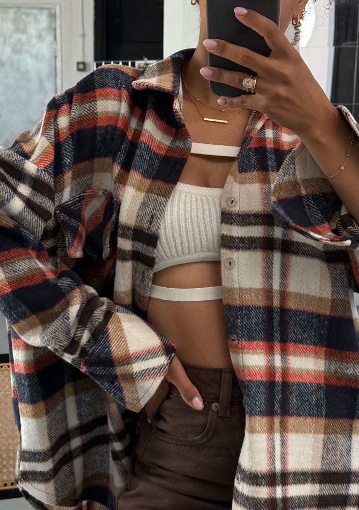 Shay - Koszula oversize z miękkiej flaneli w kratę Rust Navy