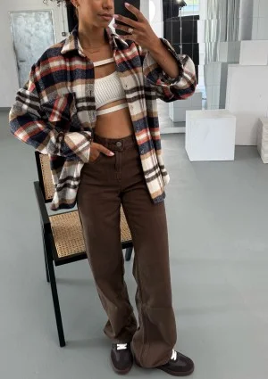 Shay - Koszula oversize z miękkiej flaneli w kratę Rust Navy