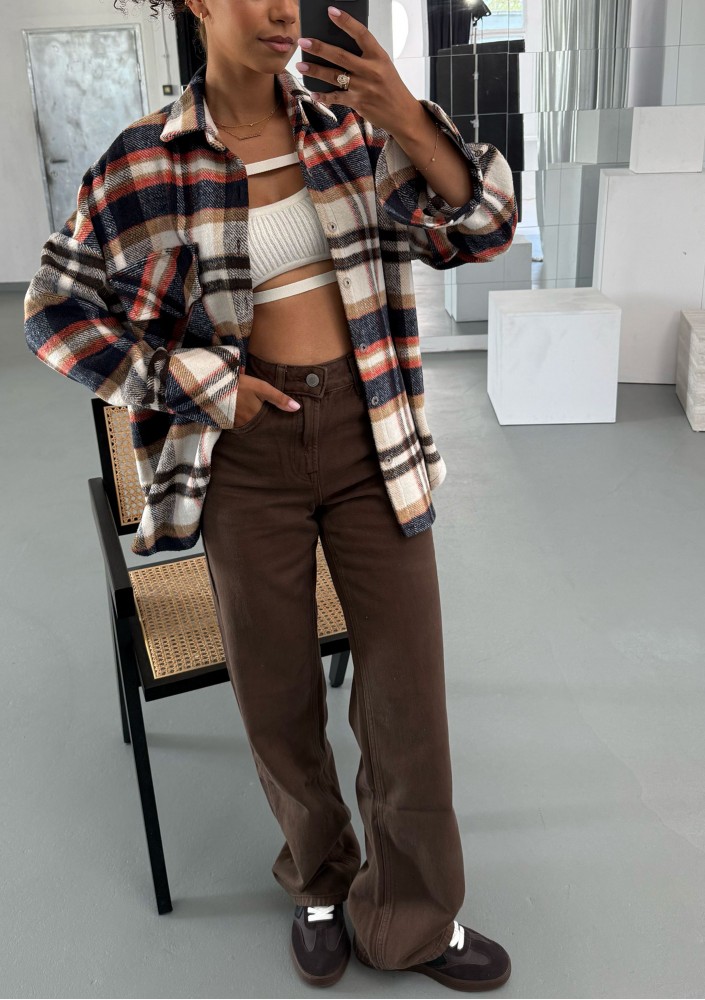 Shay - Koszula oversize z miękkiej flaneli w kratę Rust Navy