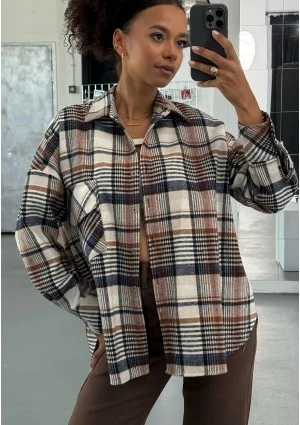 Shay - Koszula oversize z miękkiej flaneli w kratę Mocha Ink