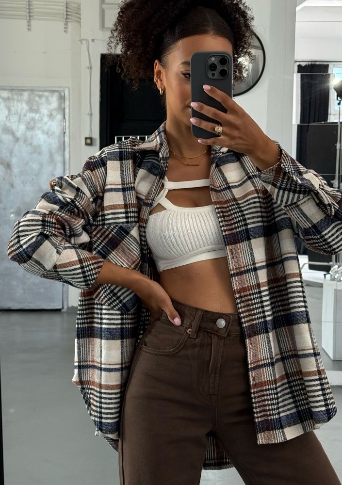 Shay - Koszula oversize z miękkiej flaneli w kratę Mocha Ink